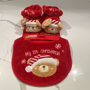 NWT Infants Baby's First Christmas Bib & Booties Set Red‎
